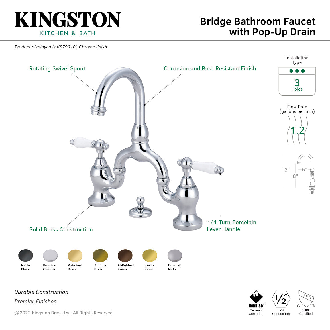 English Country KS7993PL Two-Handle 3-Hole Deck Mount Bridge Bathroom Faucet with Brass Pop-Up, Antique Brass