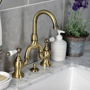 English Country KS7993PL Two-Handle 3-Hole Deck Mount Bridge Bathroom Faucet with Brass Pop-Up, Antique Brass