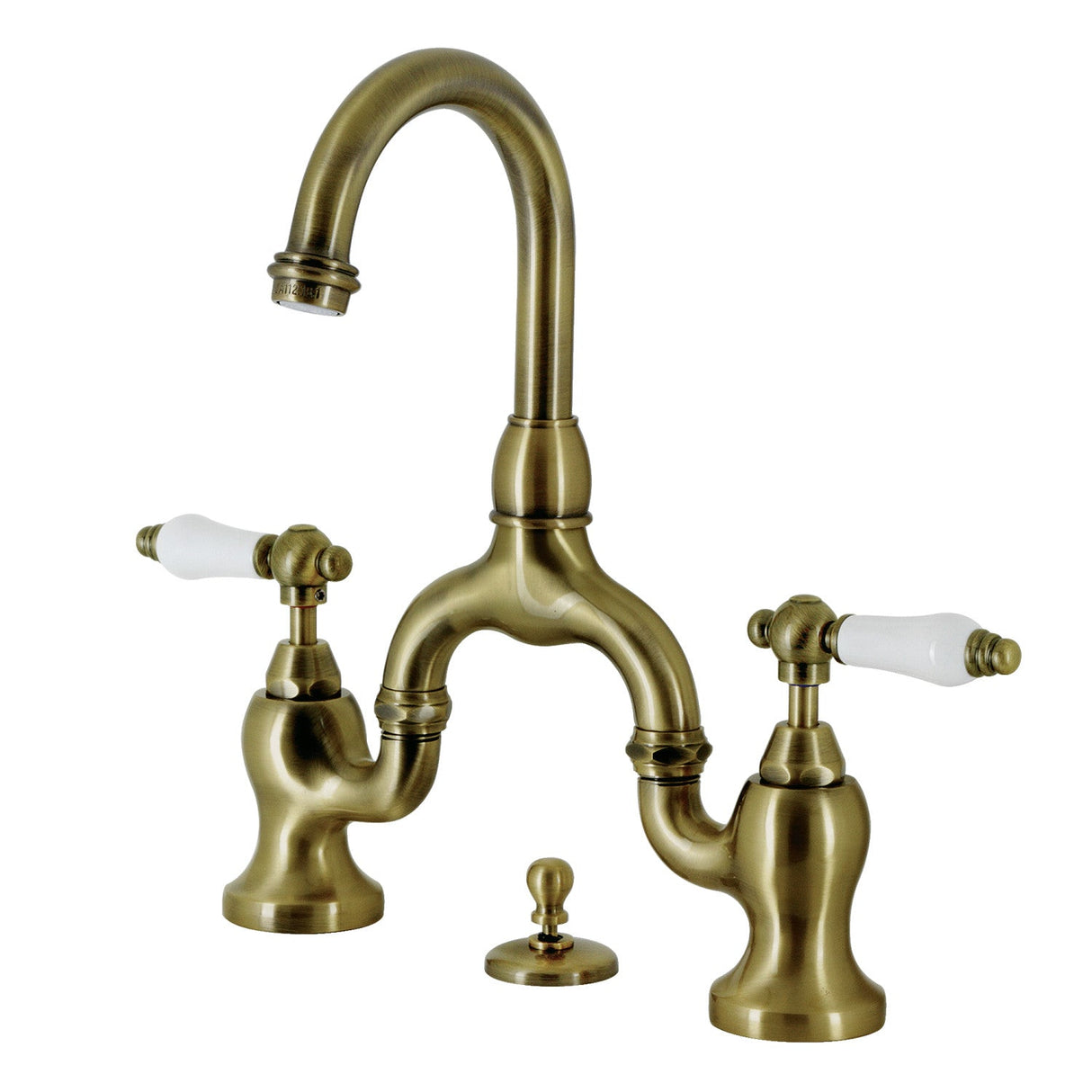 English Country KS7993PL Two-Handle 3-Hole Deck Mount Bridge Bathroom Faucet with Brass Pop-Up, Antique Brass