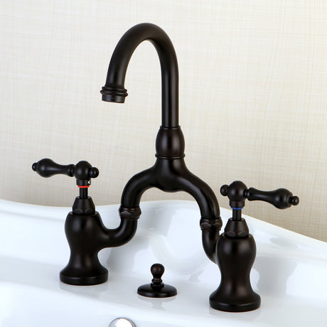 English Country KS7995AL Two-Handle 3-Hole Deck Mount Bridge Bathroom Faucet with Brass Pop-Up, Oil Rubbed Bronze