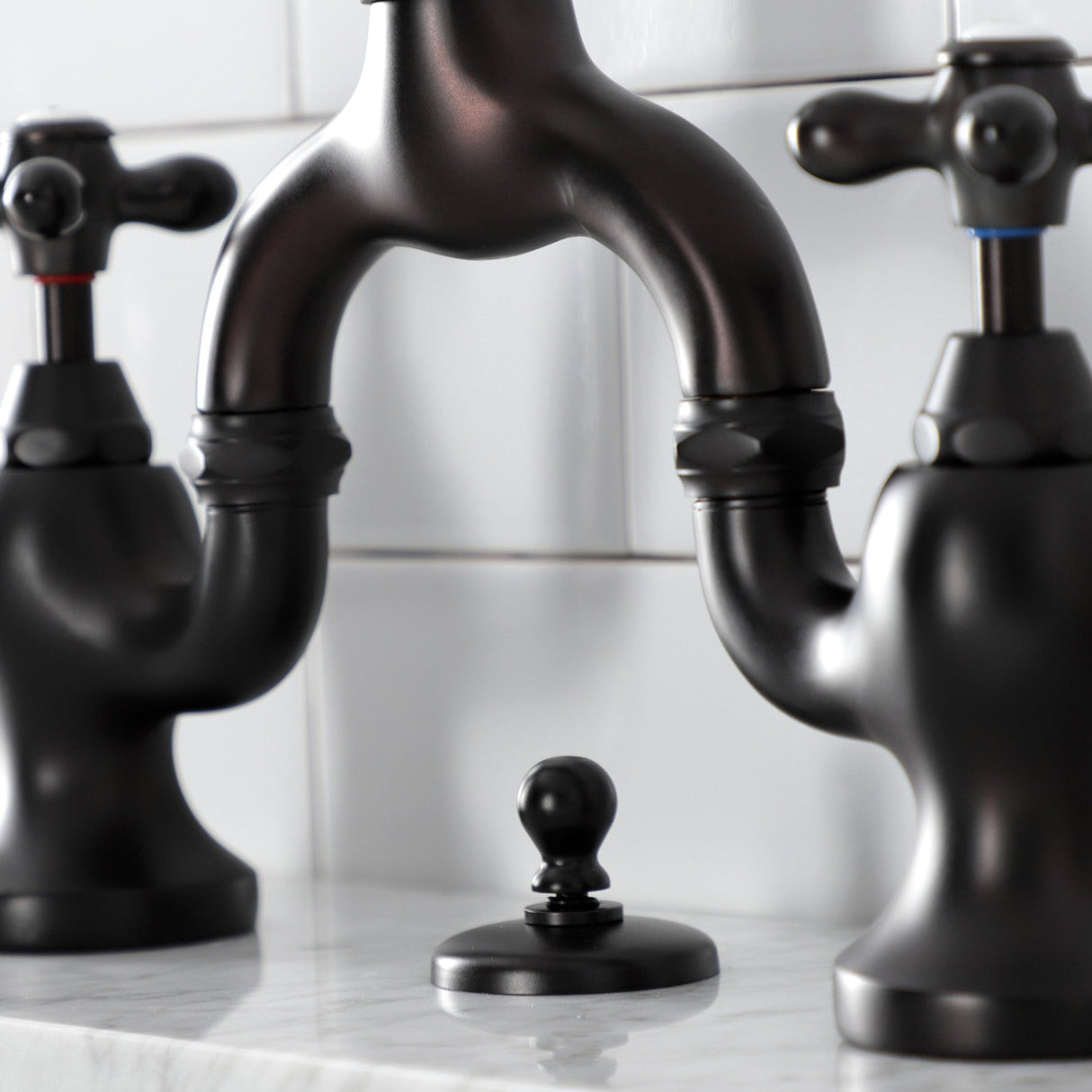 English Country KS7995AX Two-Handle 3-Hole Deck Mount Bridge Bathroom Faucet with Brass Pop-Up, Oil Rubbed Bronze