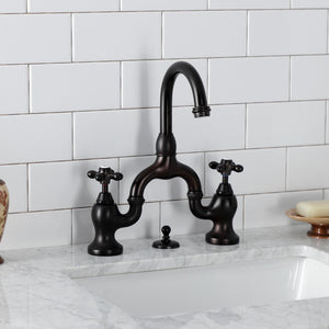 English Country KS7995AX Two-Handle 3-Hole Deck Mount Bridge Bathroom Faucet with Brass Pop-Up, Oil Rubbed Bronze