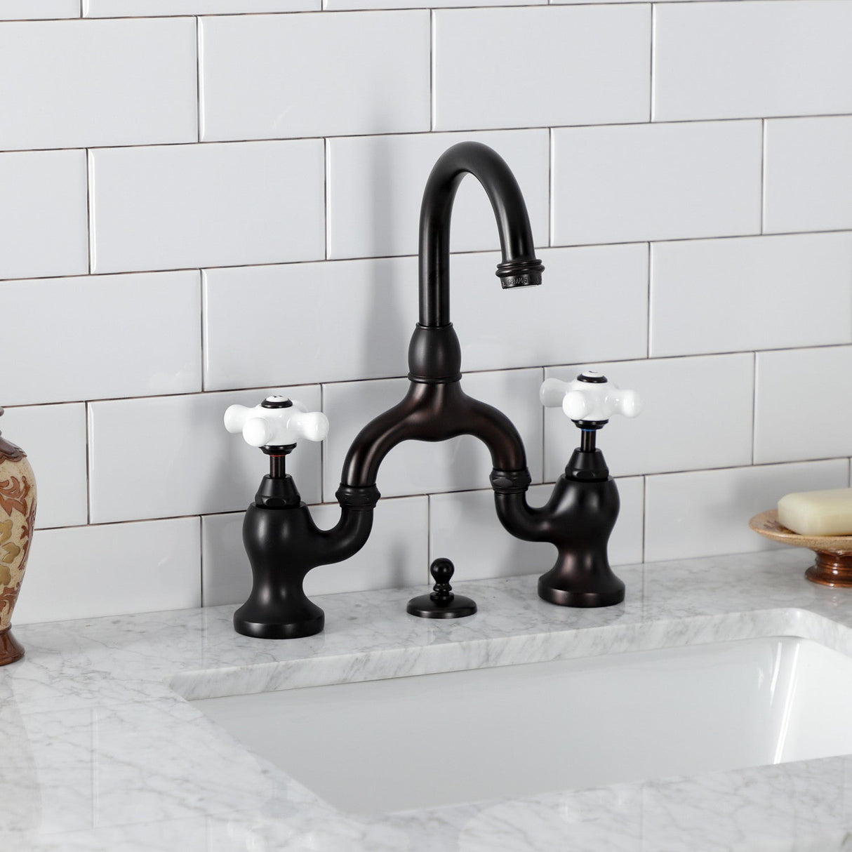 English Country KS7995PX Two-Handle 3-Hole Deck Mount Bridge Bathroom Faucet with Brass Pop-Up, Oil Rubbed Bronze