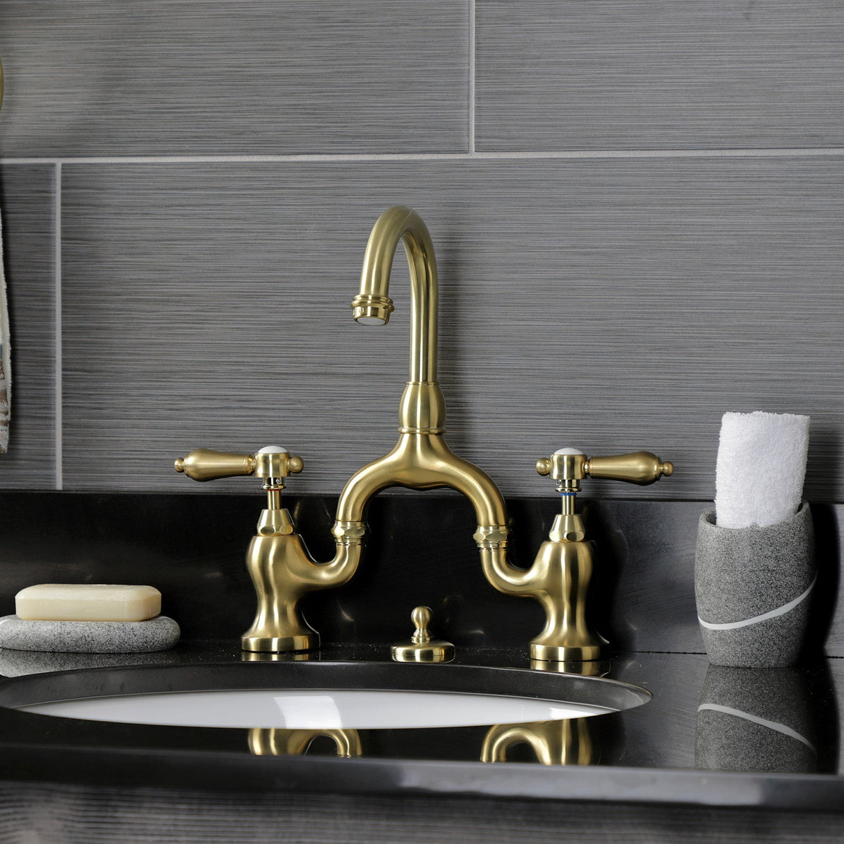 Heirloom KS7997BAL Two-Handle 3-Hole Deck Mount Bridge Bathroom Faucet with Brass Pop-Up, Brushed Brass