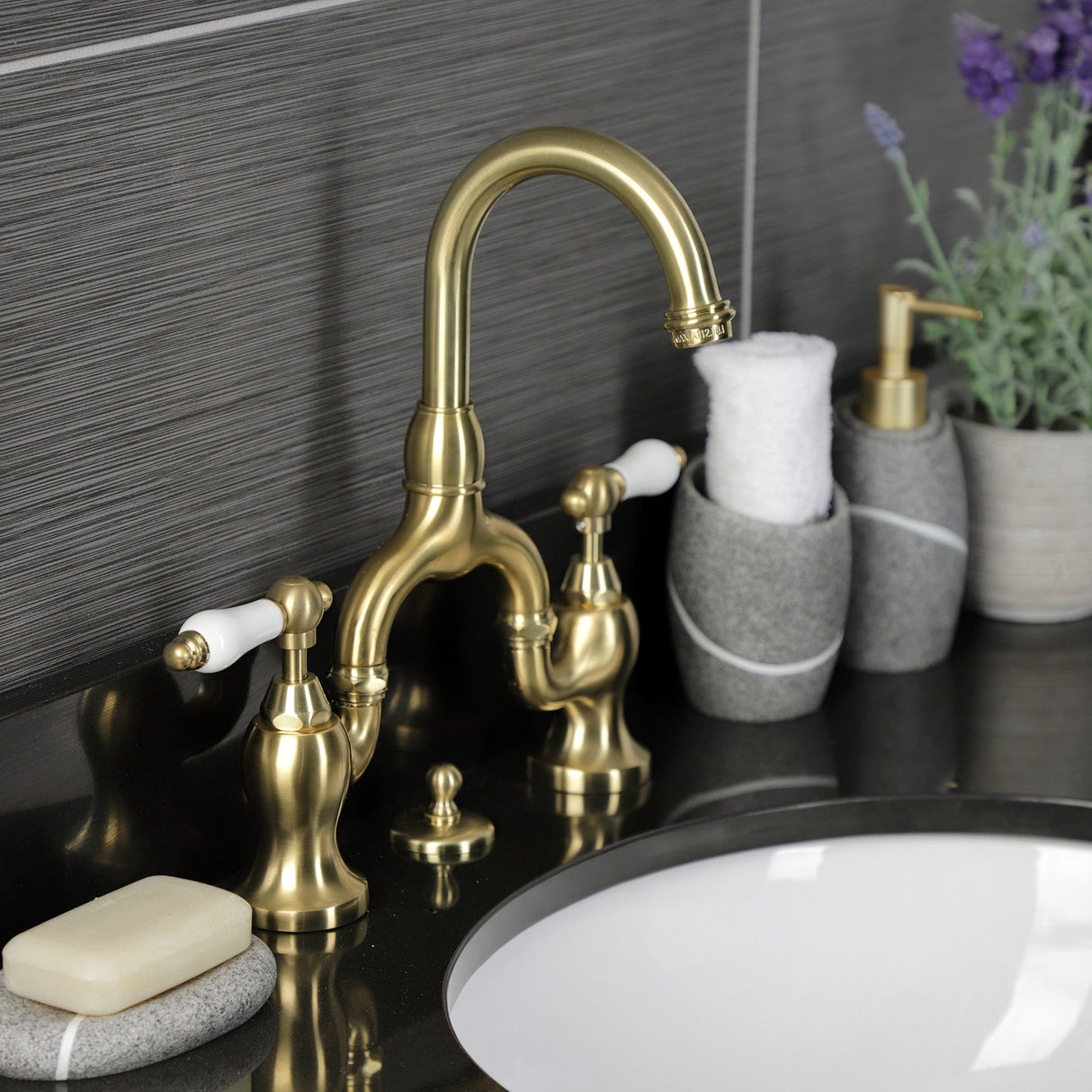 English Country KS7997PL Two-Handle 3-Hole Deck Mount Bridge Bathroom Faucet with Brass Pop-Up, Brushed Brass