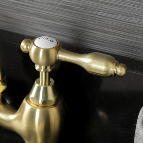 Tudor KS7997TAL Two-Handle 3-Hole Deck Mount Bridge Bathroom Faucet with Brass Pop-Up, Brushed Brass