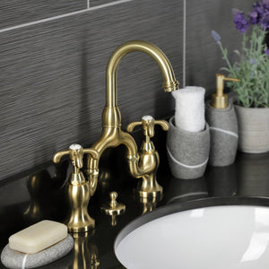 French Country KS7997TX Two-Handle 3-Hole Deck Mount Bridge Bathroom Faucet with Brass Pop-Up, Brushed Brass