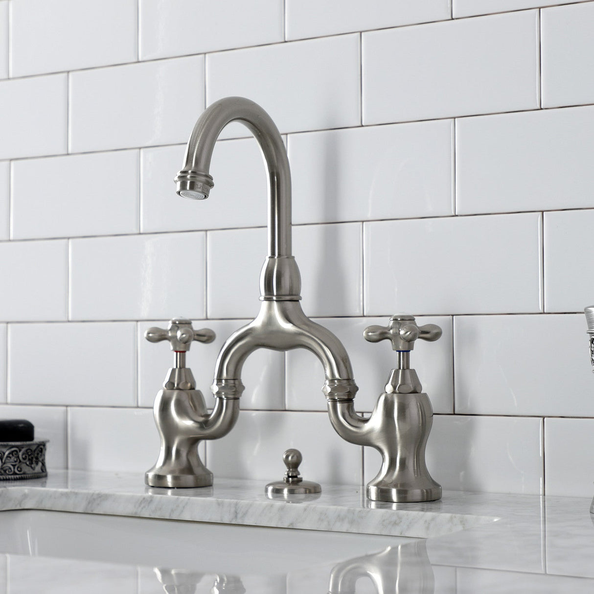 English Country KS7998AX Two-Handle 3-Hole Deck Mount Bridge Bathroom Faucet with Brass Pop-Up, Brushed Nickel