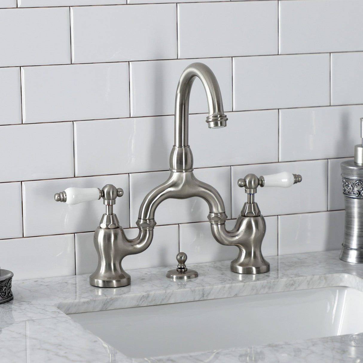 English Country KS7998PL Two-Handle 3-Hole Deck Mount Bridge Bathroom Faucet with Brass Pop-Up, Brushed Nickel