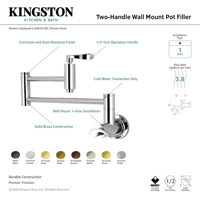 NuWave KS8102DFL Two-Handle 1-Hole Wall Mount Pot Filler, Polished Brass