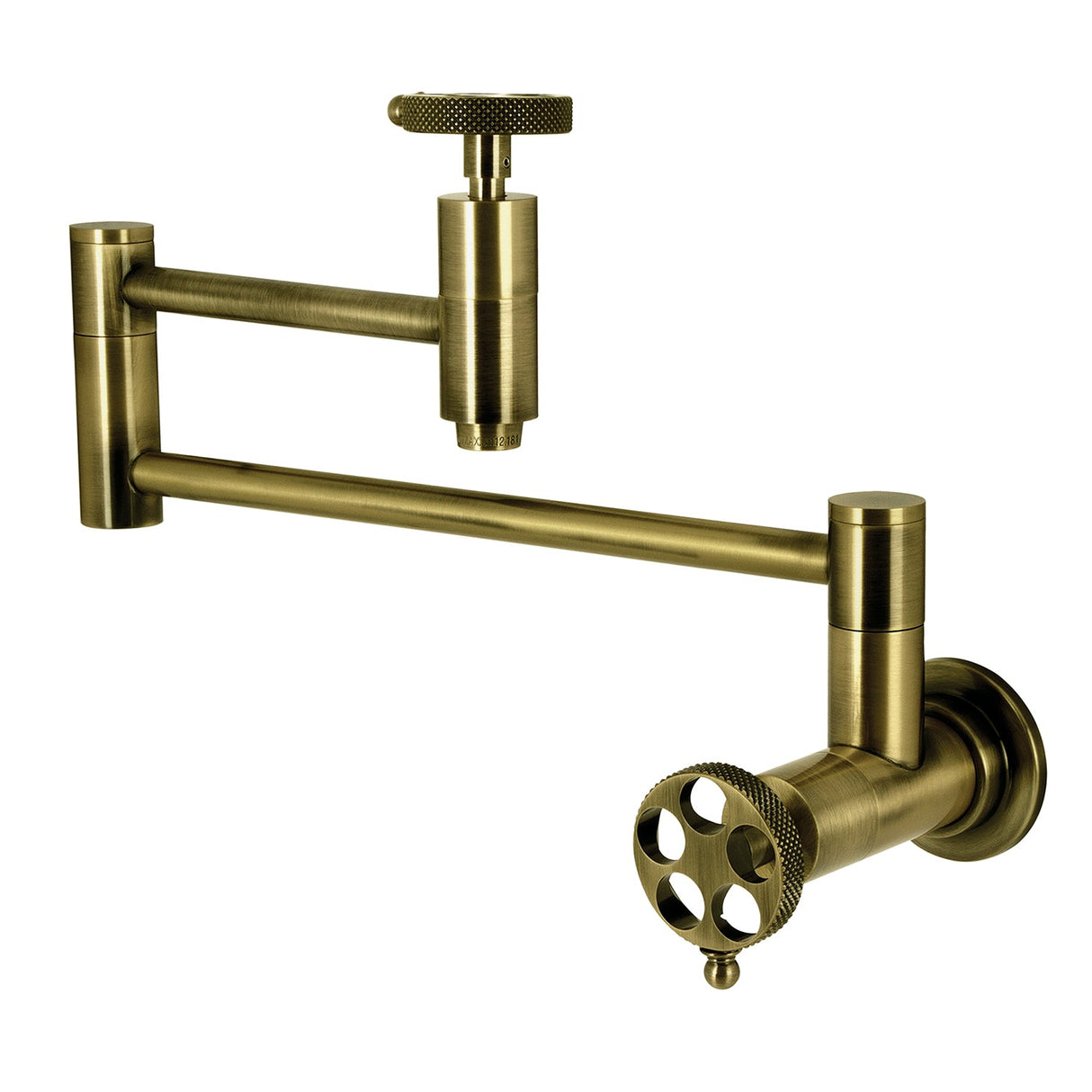 Webb KS8103RKX Two-Handle 1-Hole Wall Mount Pot Filler with Knurled Handle, Antique Brass