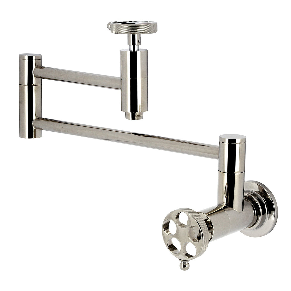 Wendell KS8106RKZ Two-Handle 1-Hole Wall Mount Pot Filler with Knurled Handle, Polished Nickel