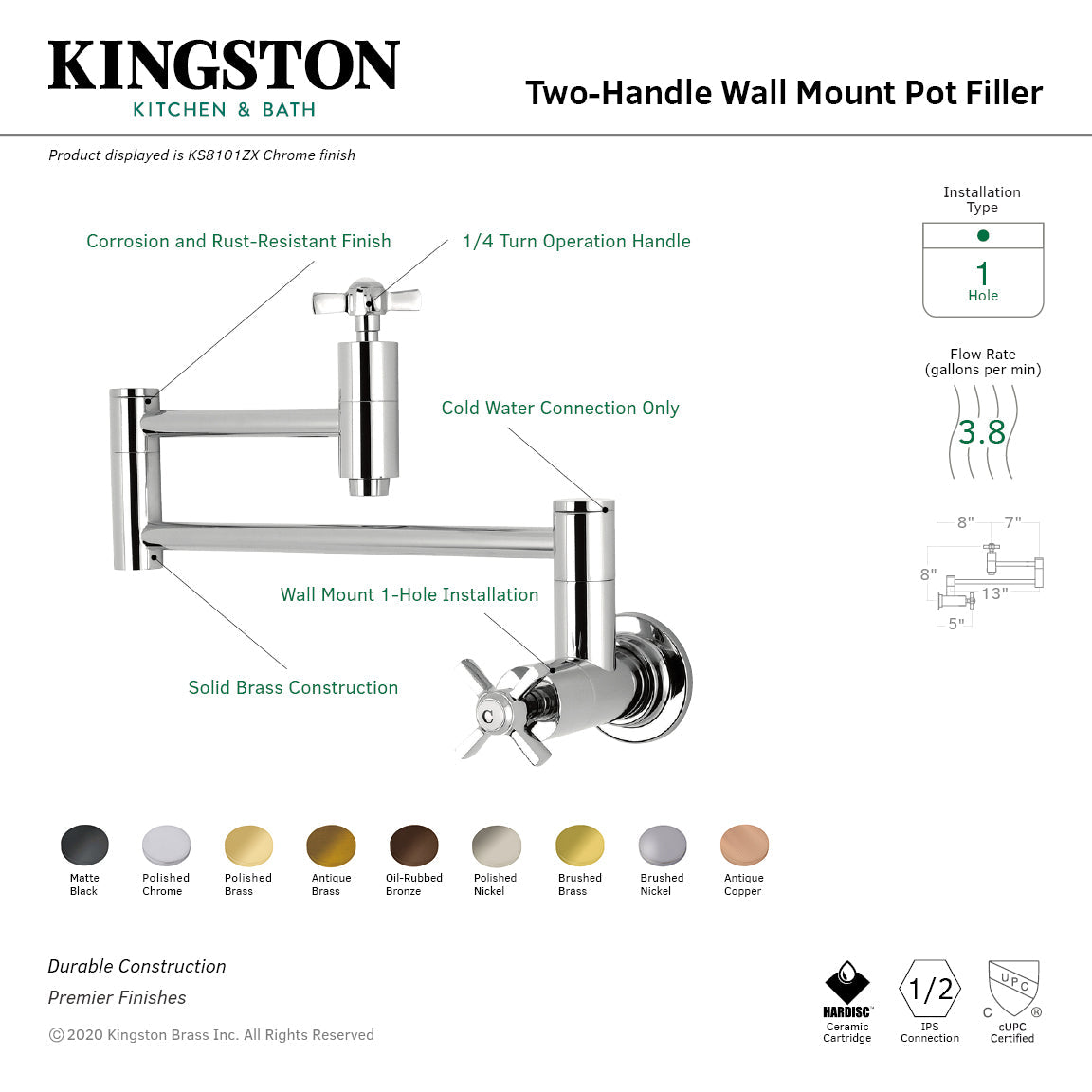 Millennium KS8108ZX Two-Handle 1-Hole Wall Mount Pot Filler, Brushed Nickel
