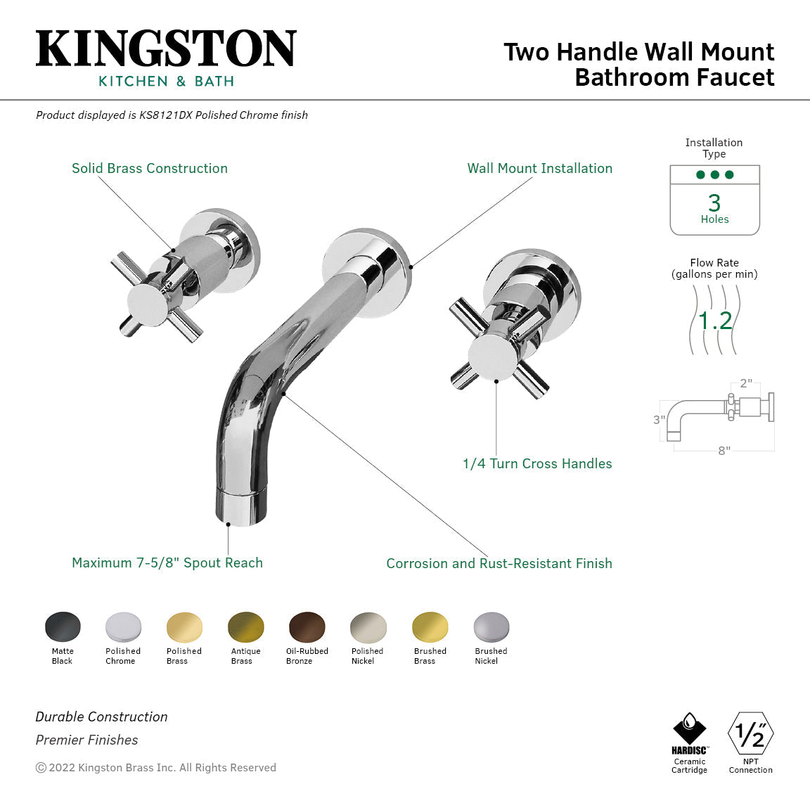 Concord KS8120DX Two-Handle 3-Hole Wall Mount Bathroom Faucet, Matte Black