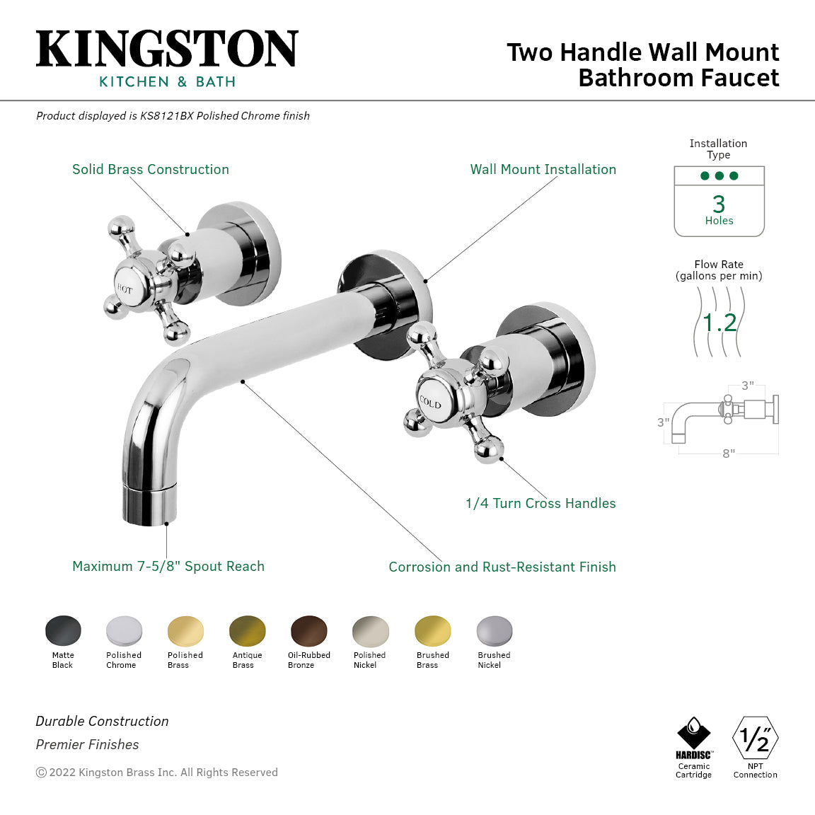 Metropolitan KS8122BX Two-Handle 3-Hole Wall Mount Bathroom Faucet, Polished Brass