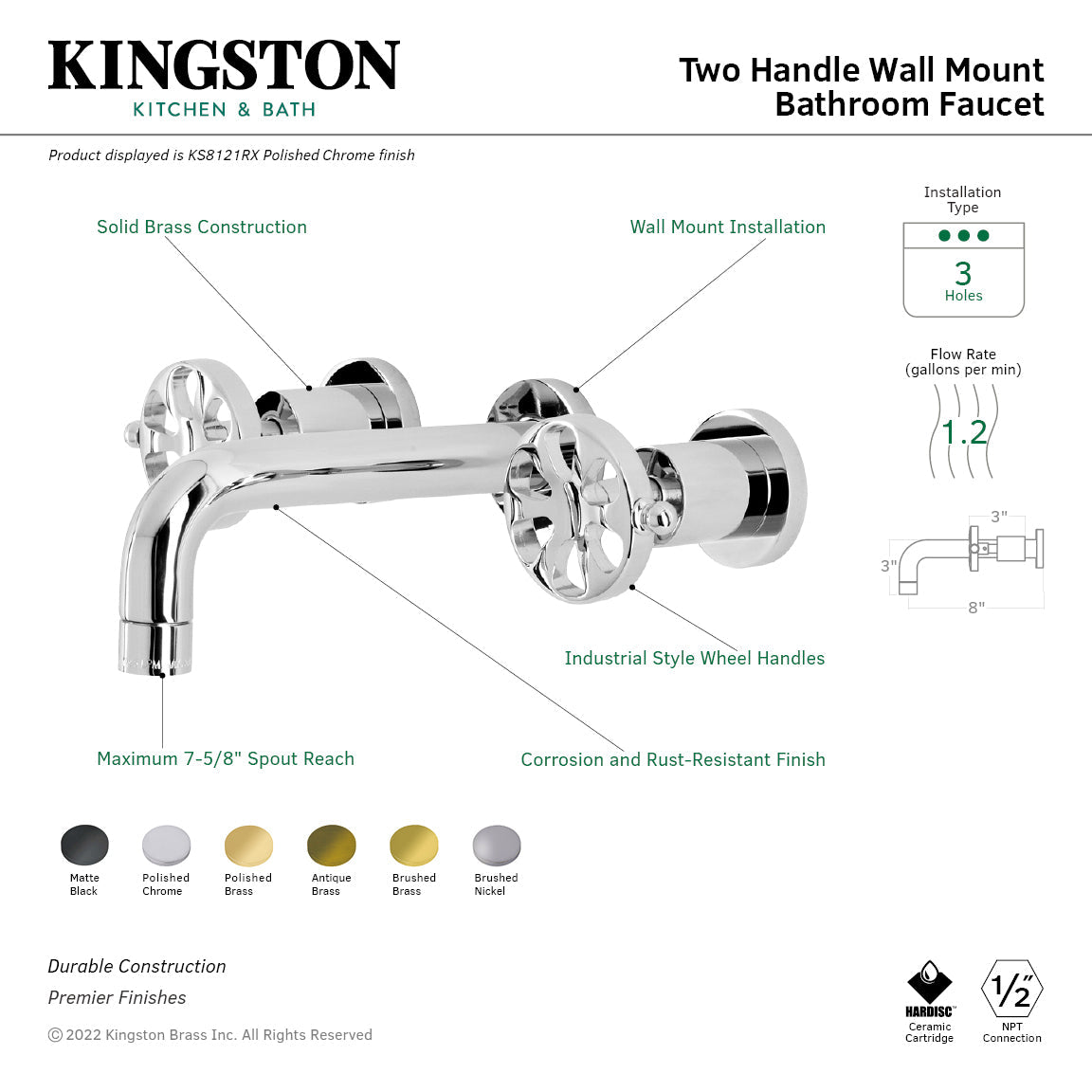 Belknap KS8123RX Two-Handle 3-Hole Wall Mount Bathroom Faucet, Antique Brass