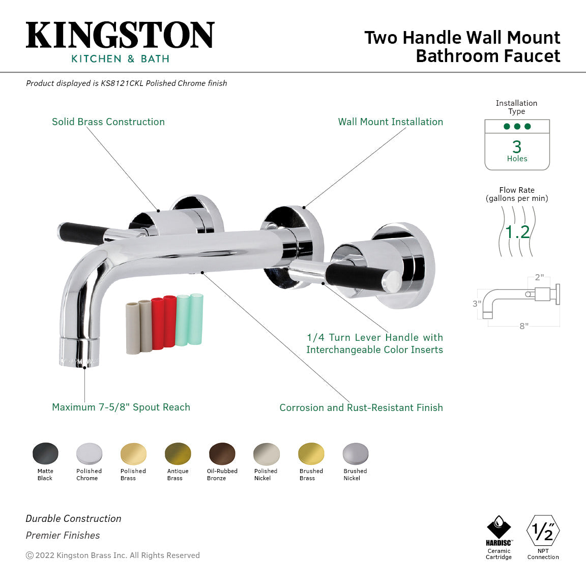 Kaiser KS8126CKL Two-Handle Wall Mount Bathroom Faucet, Polished Nickel