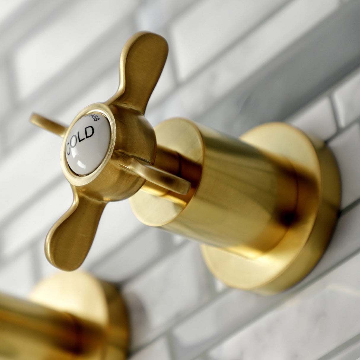 Essex KS8127BEX Two-Handle 3-Hole Wall Mount Bathroom Faucet, Brushed Brass