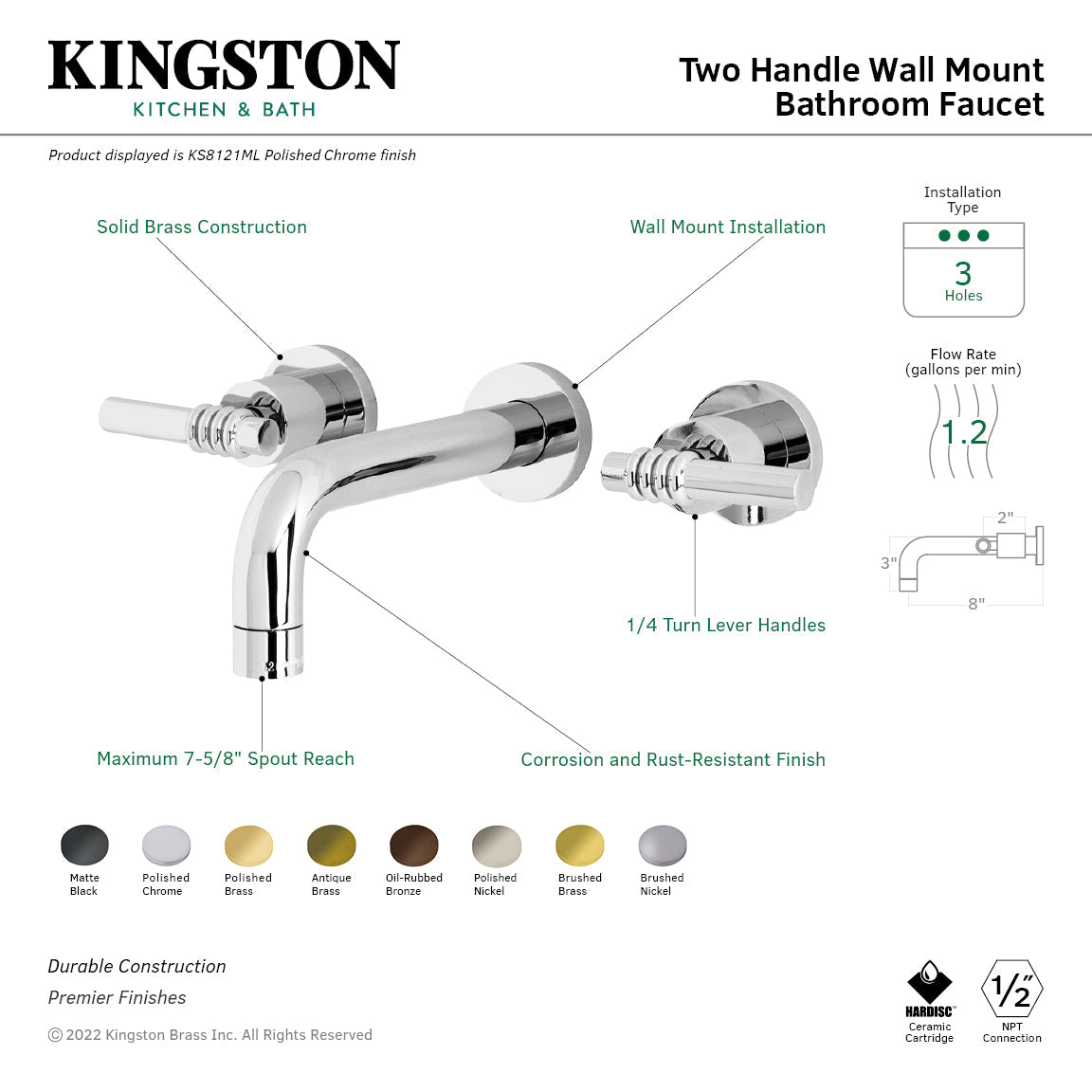Milano KS8127ML Two-Handle 3-Hole Wall Mount Bathroom Faucet, Brushed Brass