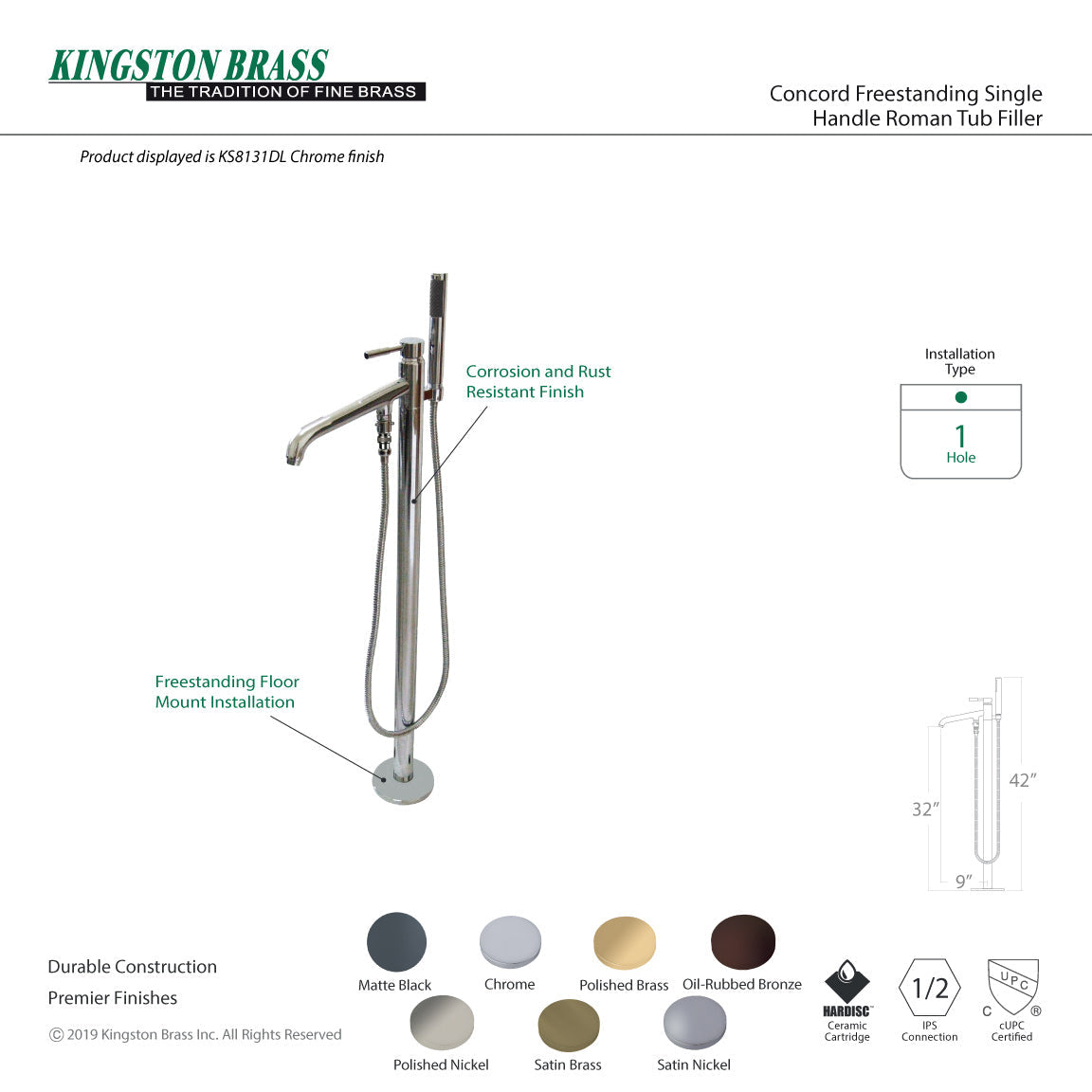 Concord KS8137DL Single-Handle 1-Hole Freestanding Tub Faucet with Hand Shower, Brushed Brass