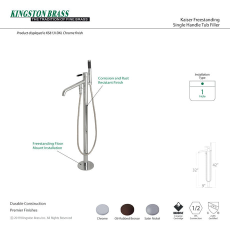 Kaiser KS8138DKL Single-Handle 1-Hole Freestanding Tub Faucet with Hand Shower, Brushed Nickel