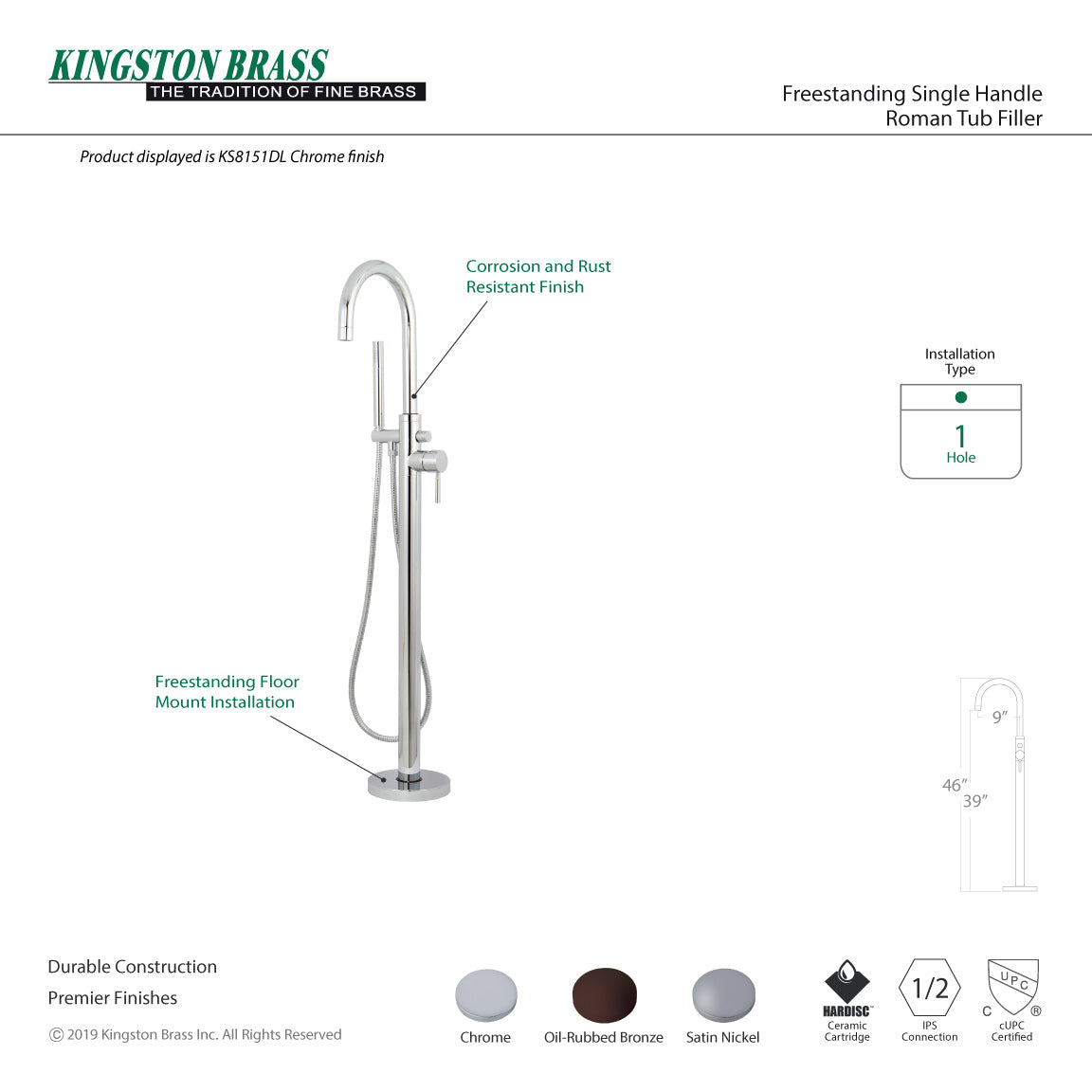 Concord KS8155DL Single-Handle 1-Hole Freestanding Tub Faucet with Hand Shower, Oil Rubbed Bronze