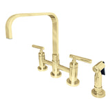 Manhattan KS8252CMLBS Two-Handle 4-Hole Deck Mount Bridge Kitchen Faucet with Brass Sprayer, Polished Brass