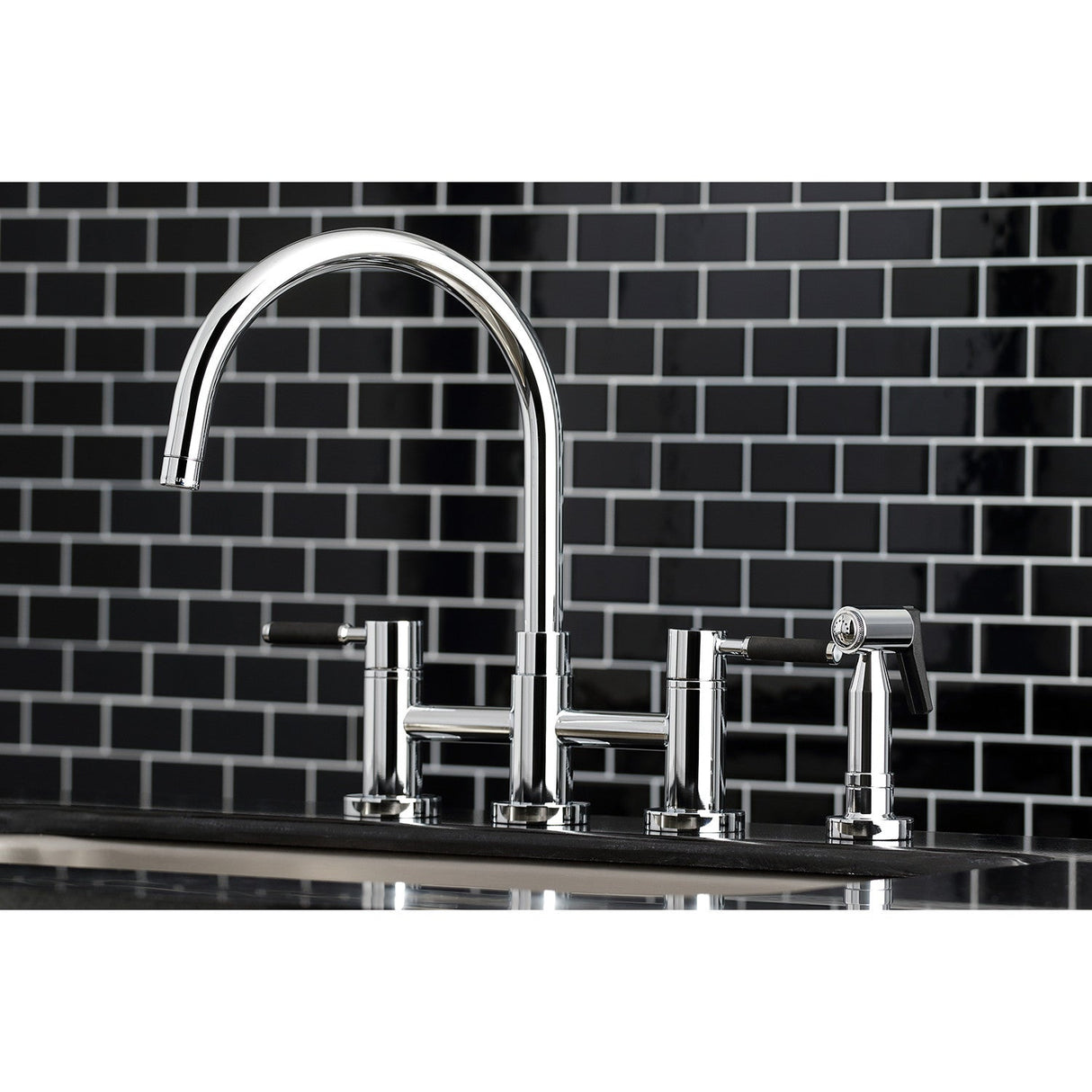 Kaiser KS8271DKLBS Two-Handle 4-Hole Deck Mount Bridge Kitchen Faucet with Brass Sprayer, Polished Chrome