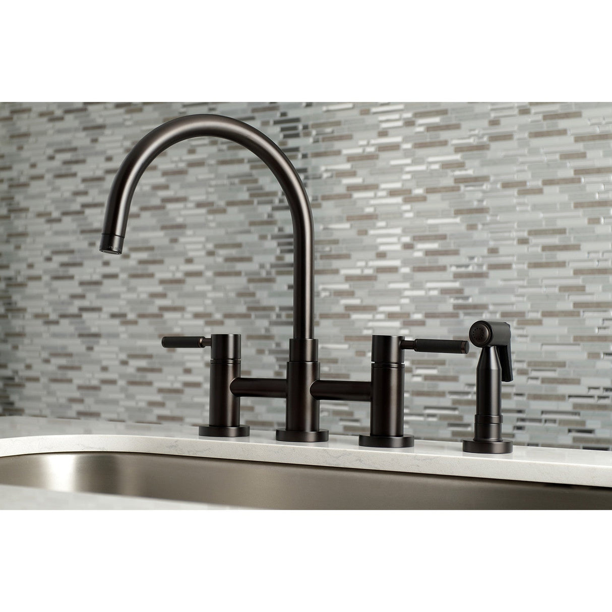 Kaiser KS8275DKLBS Two-Handle 4-Hole Deck Mount Bridge Kitchen Faucet with Brass Sprayer, Oil Rubbed Bronze