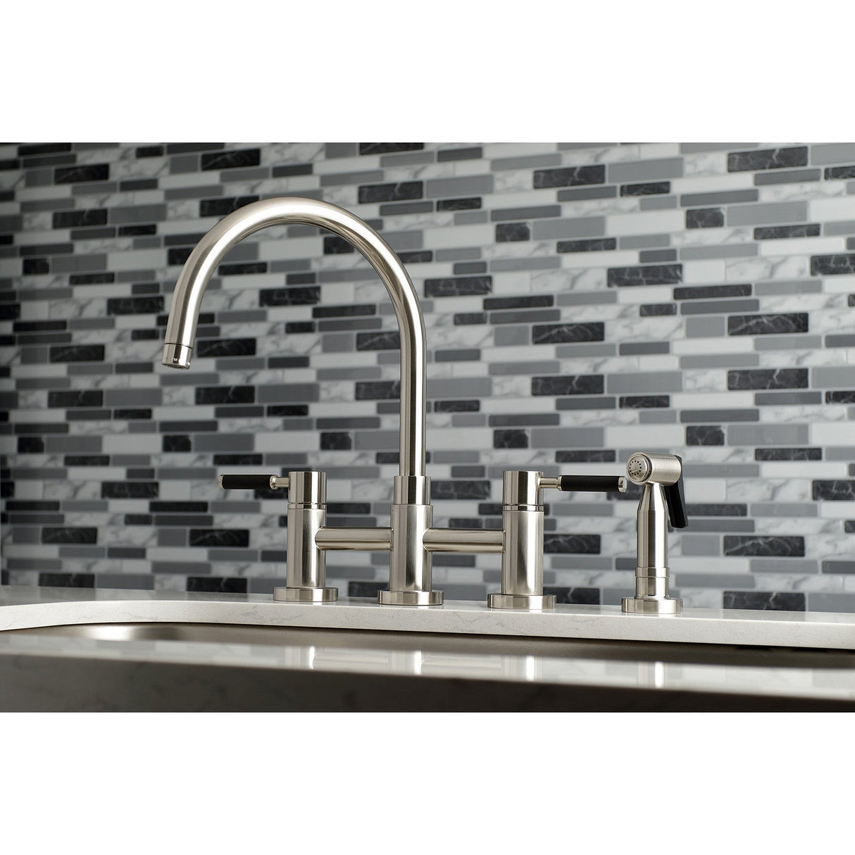Kaiser KS8278DKLBS Two-Handle 4-Hole Deck Mount Bridge Kitchen Faucet with Brass Sprayer, Brushed Nickel