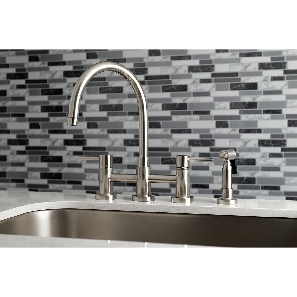 Concord KS8278DLBS Two-Handle 4-Hole Deck Mount Bridge Kitchen Faucet with Brass Sprayer, Brushed Nickel