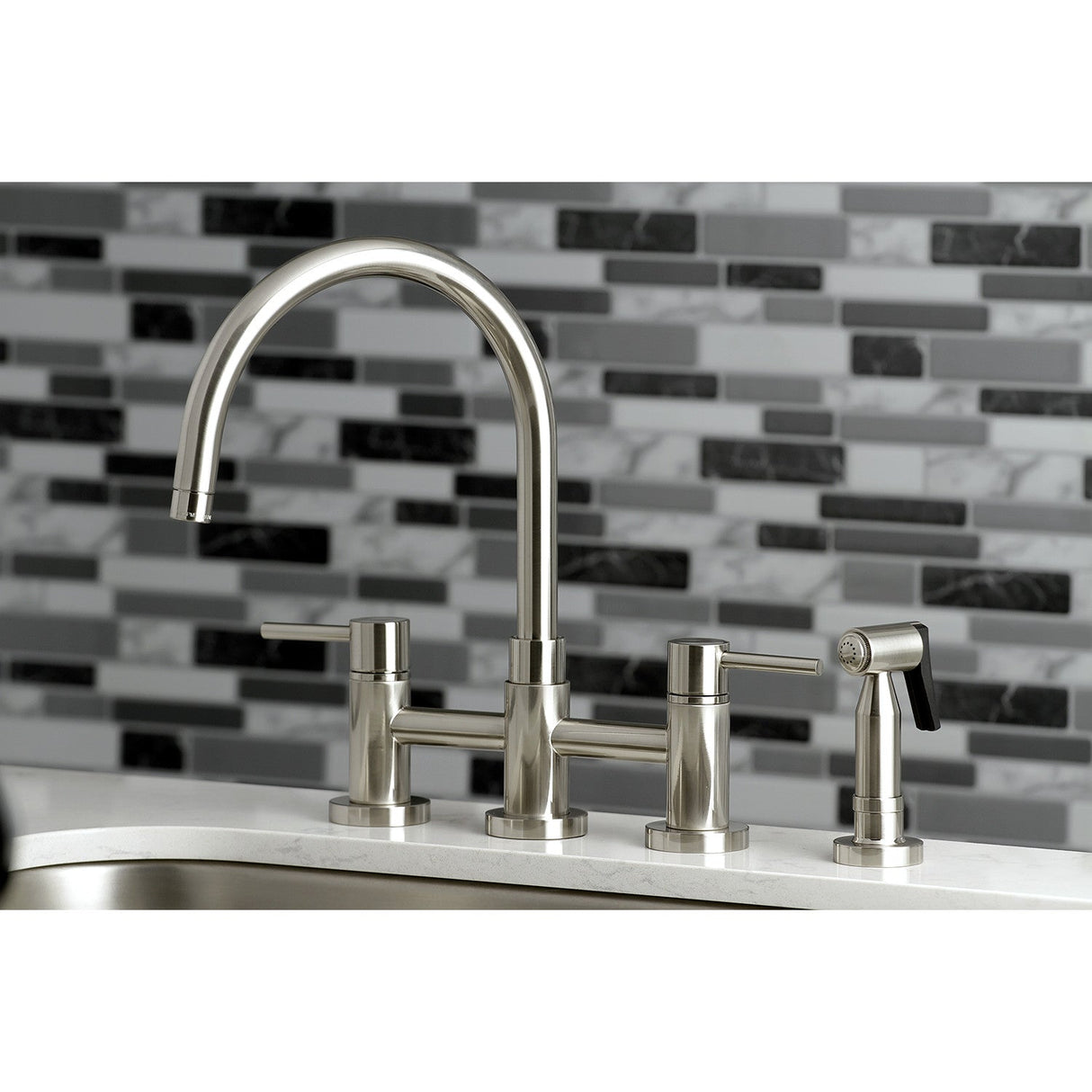 Concord KS8278DLBS Two-Handle 4-Hole Deck Mount Bridge Kitchen Faucet with Brass Sprayer, Brushed Nickel