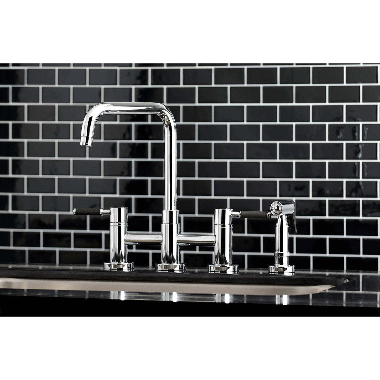 Kaiser KS8281DKLBS Two-Handle 4-Hole Deck Mount Bridge Kitchen Faucet with Brass Sprayer, Polished Chrome