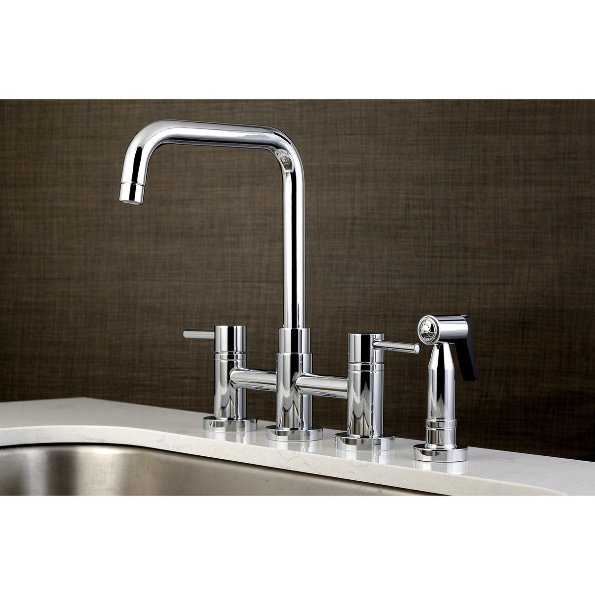 Concord KS8281DLBS Two-Handle 4-Hole Deck Mount Bridge Kitchen Faucet with Brass Sprayer, Polished Chrome