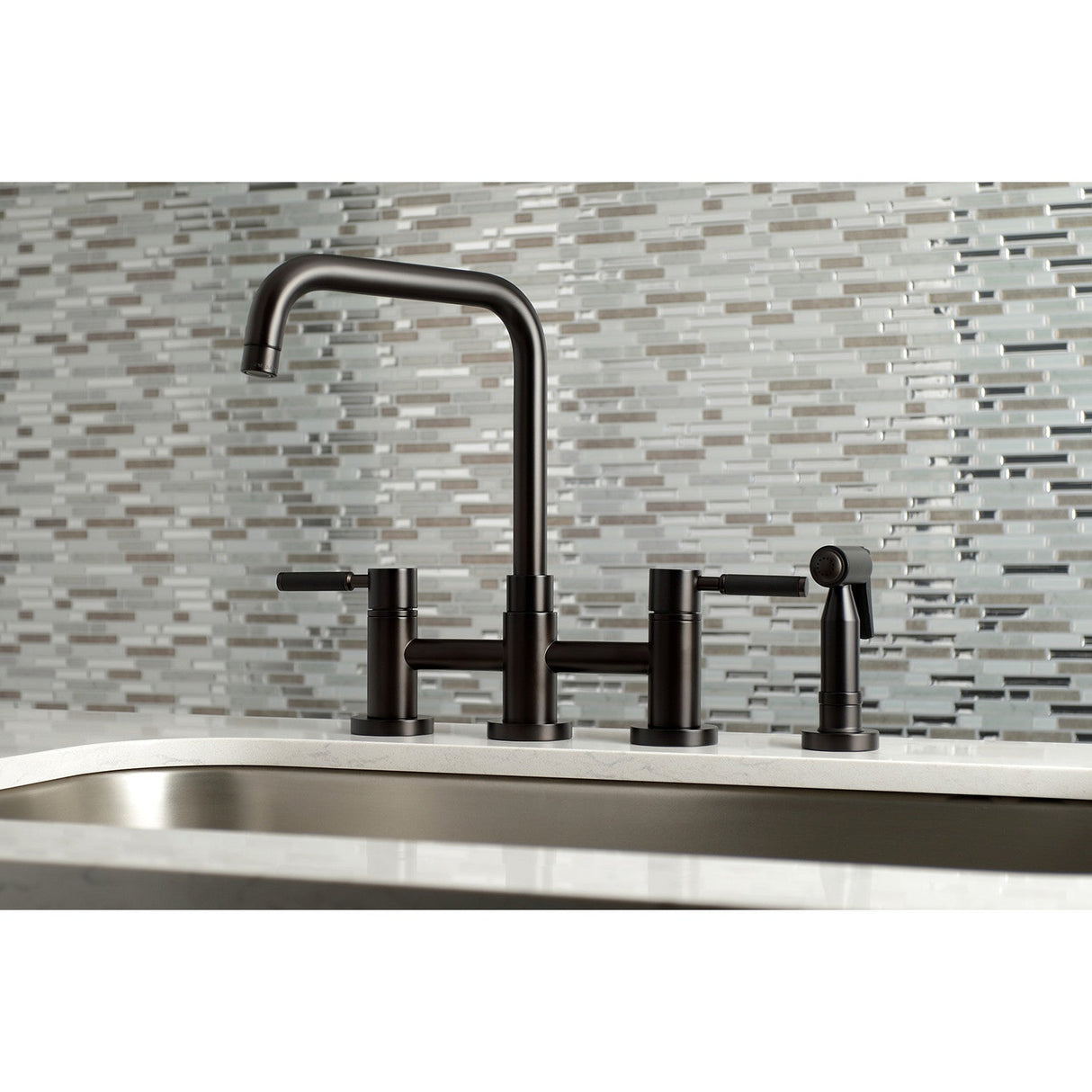 Kaiser KS8285DKLBS Two-Handle 4-Hole Deck Mount Bridge Kitchen Faucet with Brass Sprayer, Oil Rubbed Bronze