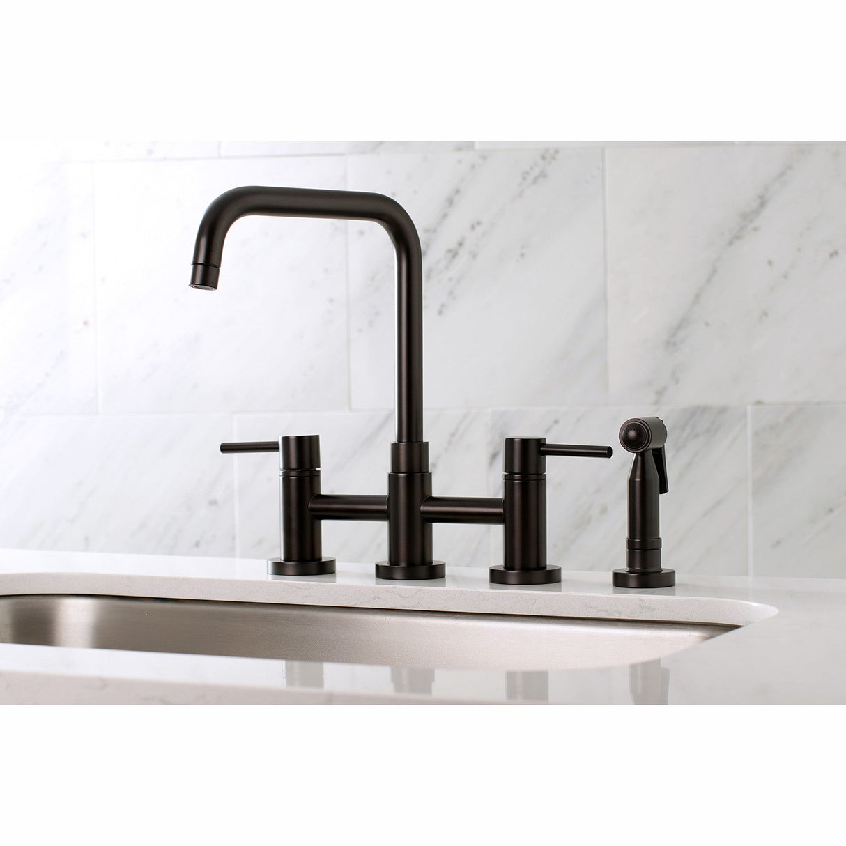 Concord KS8285DLBS Two-Handle 4-Hole Deck Mount Bridge Kitchen Faucet with Brass Sprayer, Oil Rubbed Bronze