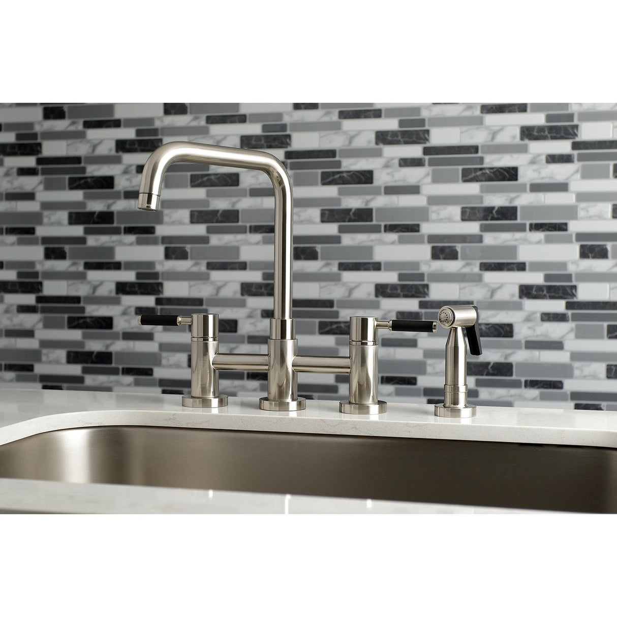 Kaiser KS8288DKLBS Two-Handle 4-Hole Deck Mount Bridge Kitchen Faucet with Brass Sprayer, Brushed Nickel