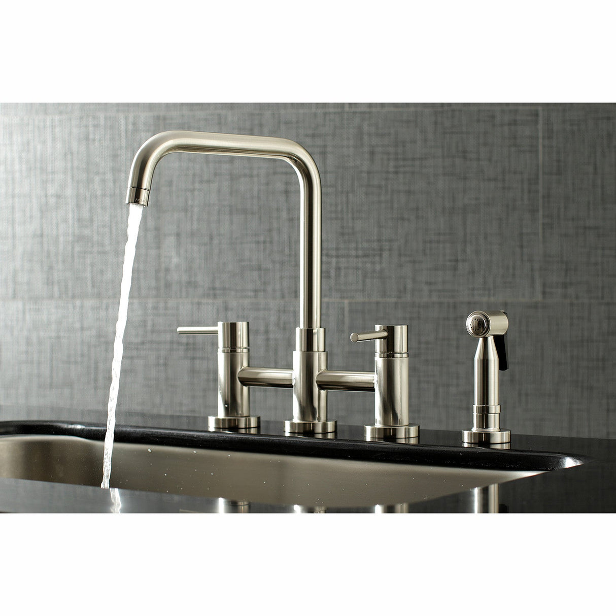 Concord KS8288DLBS Two-Handle 4-Hole Deck Mount Bridge Kitchen Faucet with Brass Sprayer, Brushed Nickel