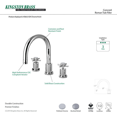 Concord KS8321DX Two-Handle 3-Hole Deck Mount Roman Tub Faucet, Polished Chrome