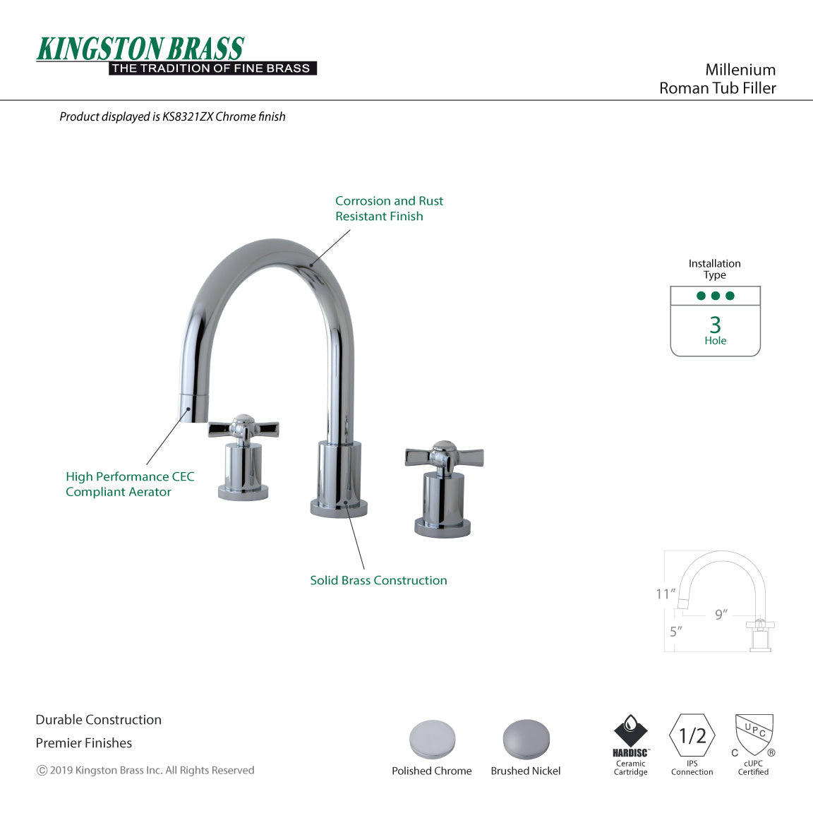 Millennium KS8321ZX Two-Handle 3-Hole Deck Mount Roman Tub Faucet, Polished Chrome