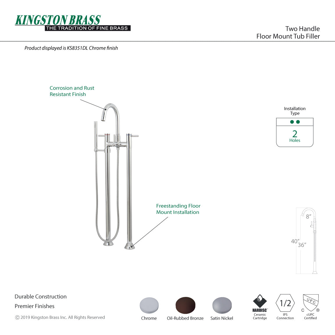 Concord KS8358DL Three-Handle 2-Hole Freestanding Tub Faucet with Hand Shower, Brushed Nickel