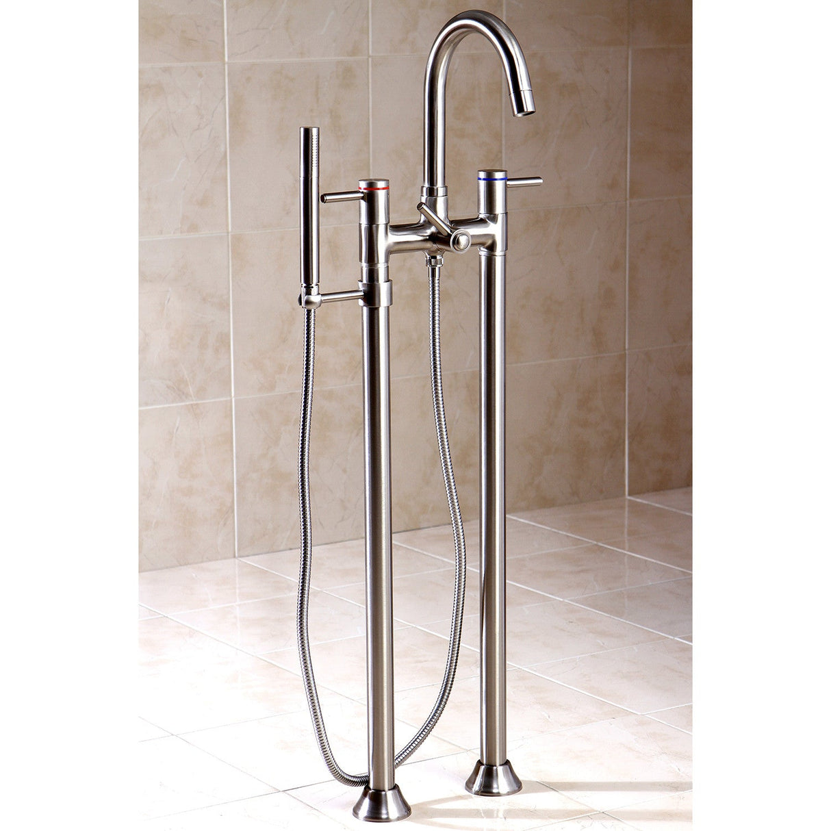 Concord KS8358DL Three-Handle 2-Hole Freestanding Tub Faucet with Hand Shower, Brushed Nickel