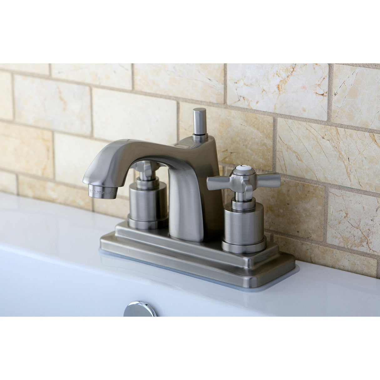 Millennium KS8648ZX Two-Handle 3-Hole Deck Mount 4" Centerset Bathroom Faucet with Brass Pop-Up, Brushed Nickel