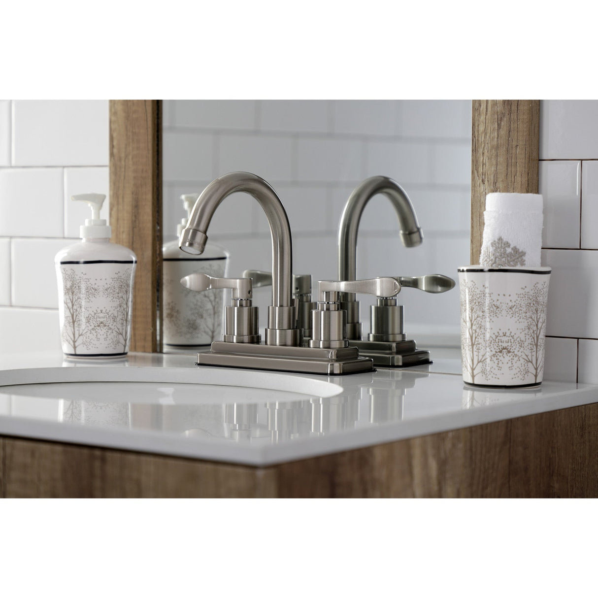 NuWave KS8668DFL Two-Handle 3-Hole Deck Mount 4" Centerset Bathroom Faucet with Brass Pop-Up, Brushed Nickel