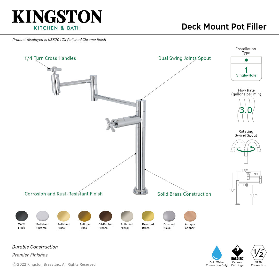 Millennium KS8702ZX Two-Handle 1-Hole Deck Mount Pot Filler, Polished Brass