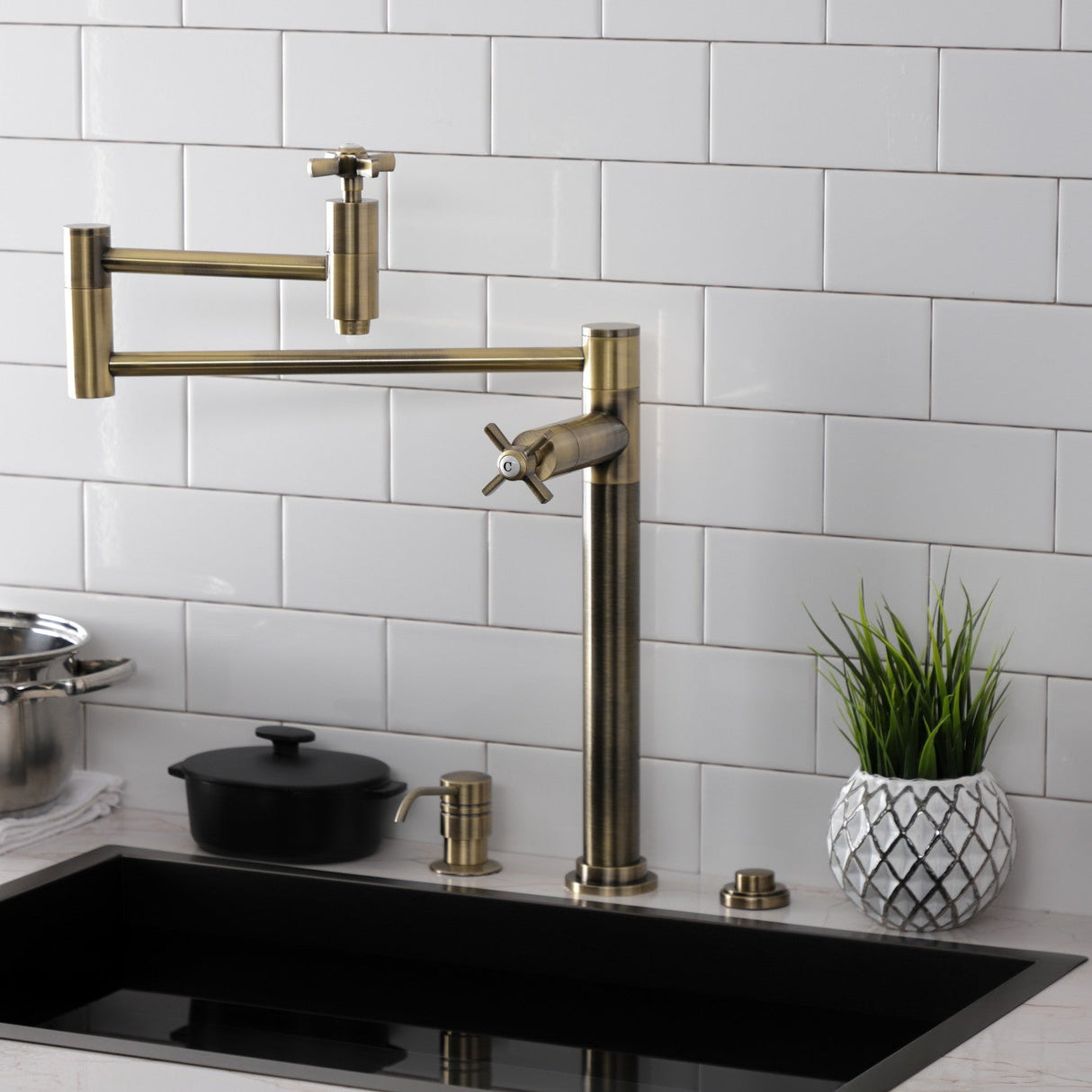 Millennium KS8703ZX Two-Handle 1-Hole Deck Mount Pot Filler, Antique Brass