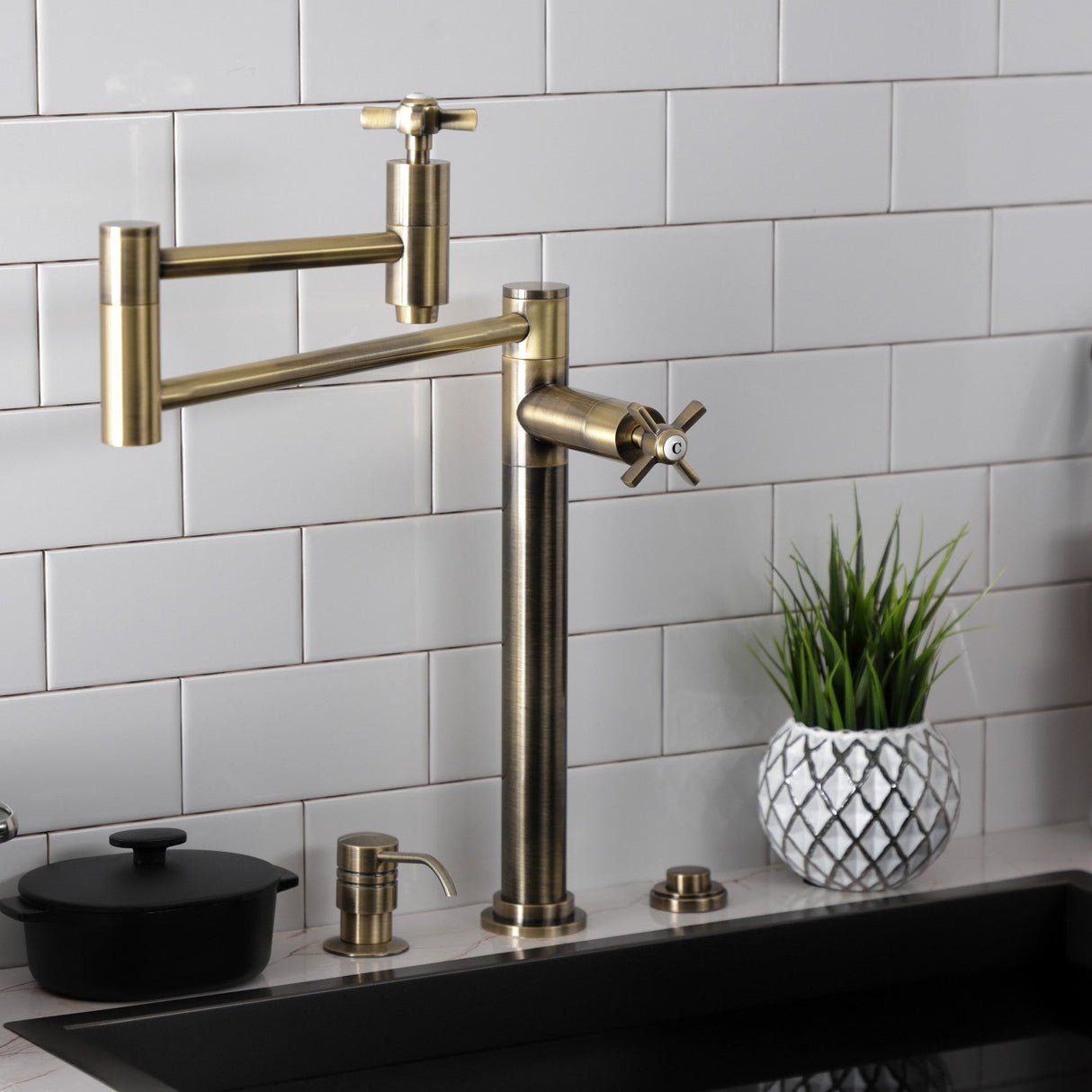 Millennium KS8703ZX Two-Handle 1-Hole Deck Mount Pot Filler, Antique Brass