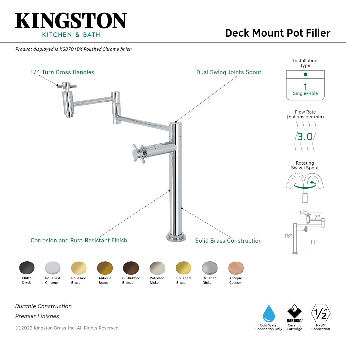 Concord KS8707DX Two-Handle 1-Hole Deck Mount Pot Filler, Brushed Brass