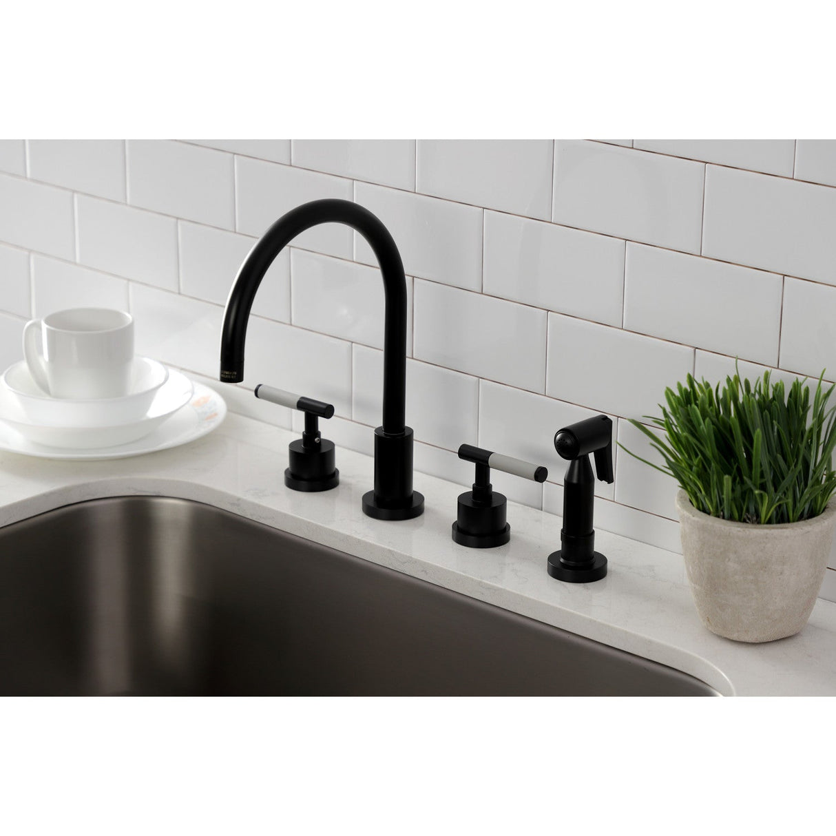 Kaiser KS8720CKLBS Widespread Kitchen Faucet with Brass Sprayer, Matte Black