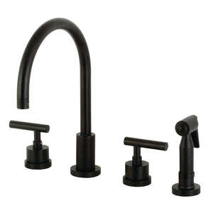 Manhattan KS8720CMLBS Two-Handle 4-Hole Deck Mount Widespread Kitchen Faucet with Brass Sprayer, Matte Black